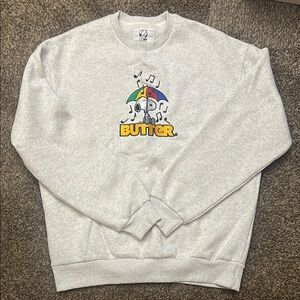 Butter Goods Gray Snoopy Crewneck Sweater with Ribbed Cuffs